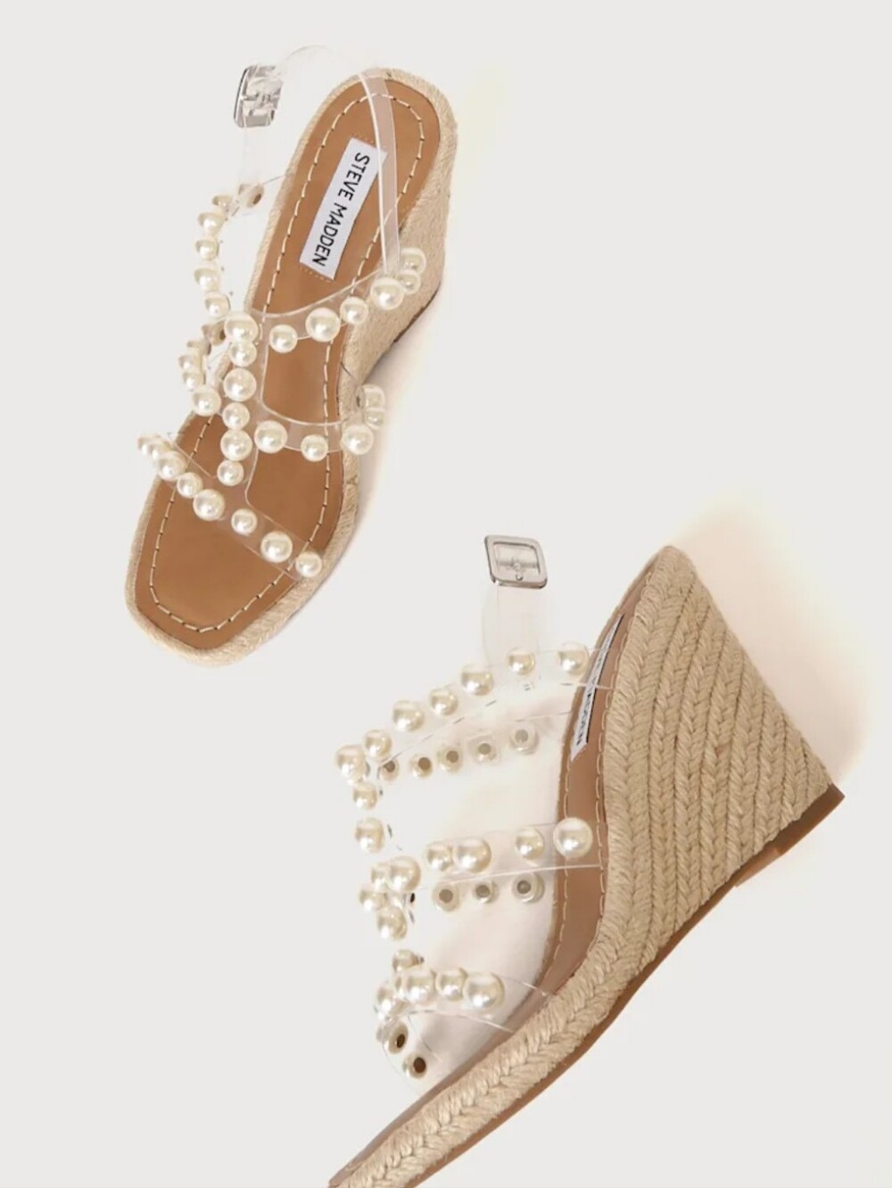 Steve Madden Pearl-Embellished Clear-Strap Espadrille Wedges